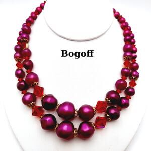 Vintage ART Arthur Pepper Purple Bead Red Crystal Necklace 2 Strand